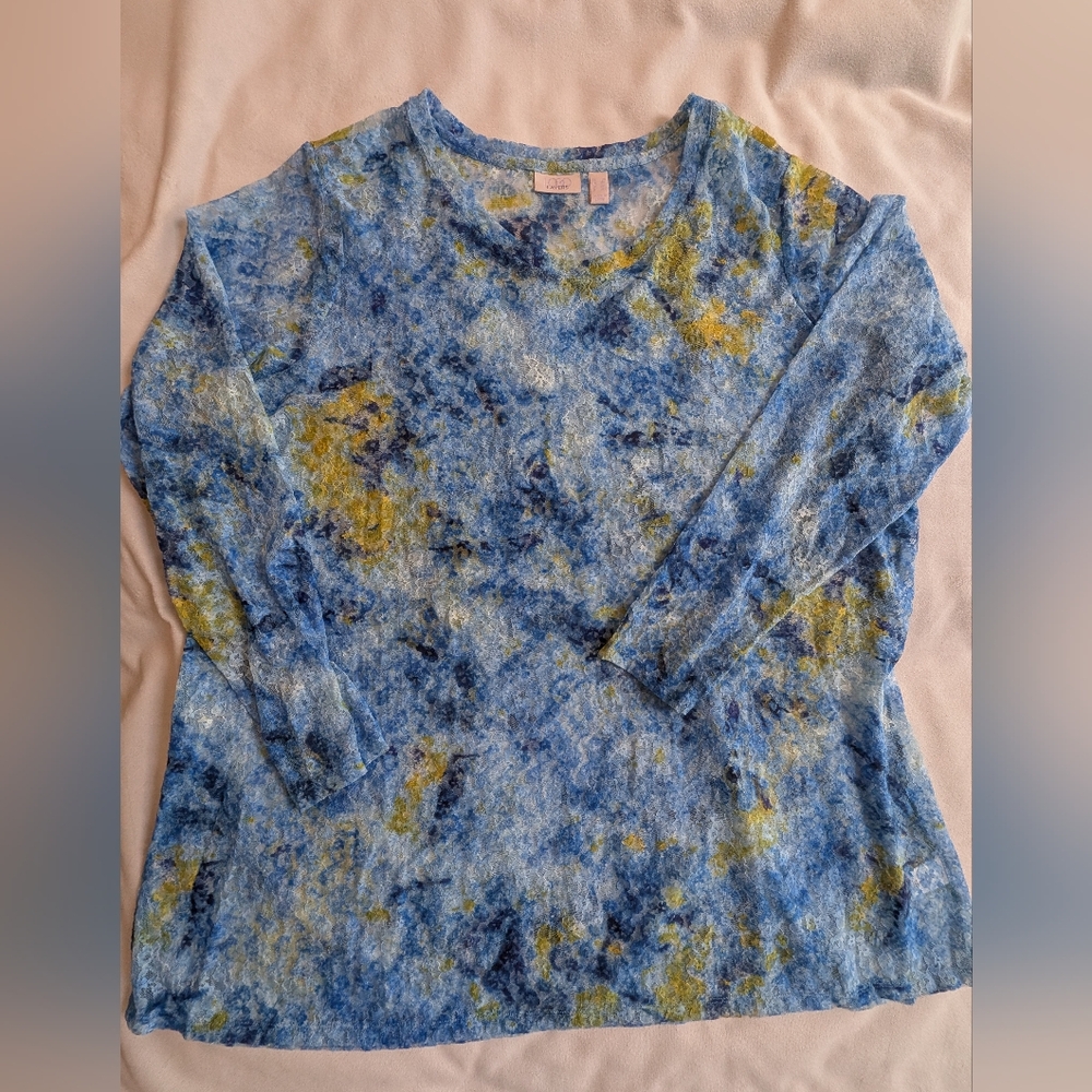 Women's Stretch Lace Blue Tie-Dye Long Sleeve Top Size 2X